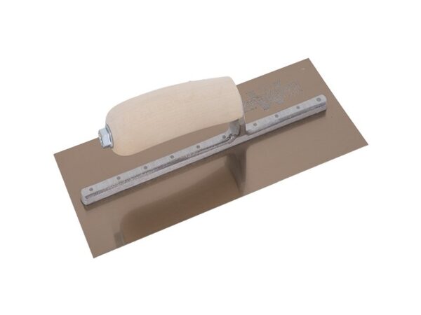 Marshalltown Glättkelle mit gebogener Holzgriff, Goldstahl, Maße: 305x102 mm