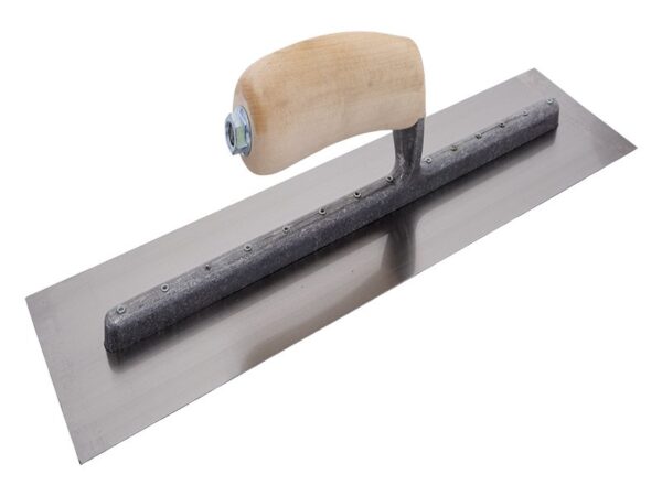 Marshalltown QLT Glättkelle, Gebogener Holzgriff, Carbonstahl, Maße: 406x102 mm