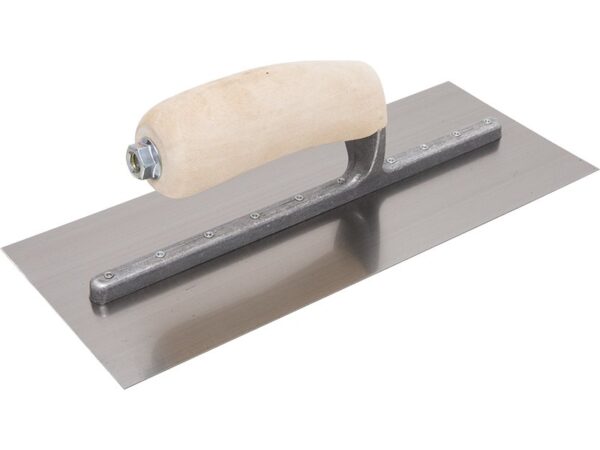 Marshalltown QLT Glättkelle, Gebogener Holzgriff, Carbonstahl, Maße: 279x114 mm