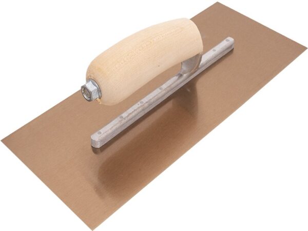Marshalltown DuraFlex Glättkelle, Holzgriff, Lange Halterung, Goldstahl, Maße: 305x127 mm
