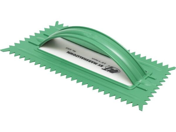 Marshalltown QLT Gezahnte Kelle, V-10x10 mm, Kunststoffgriff, Kunststoff, grün, Maße: 241x108 mm