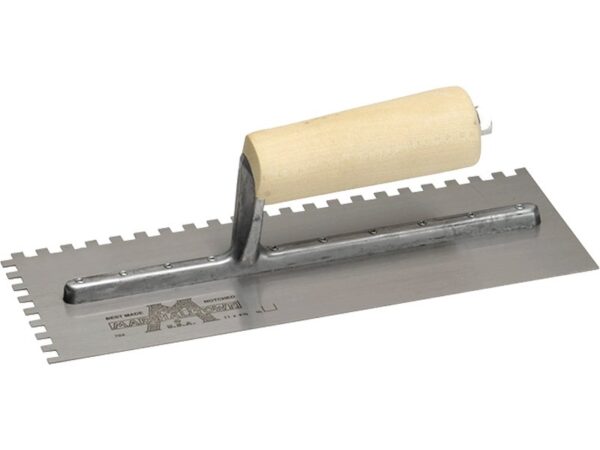 Marshalltown Gezahnte Kelle, Eckig, 8x8x8 mm, Gerader Holzgriff, Stahl,  Maße: 279x114 mm