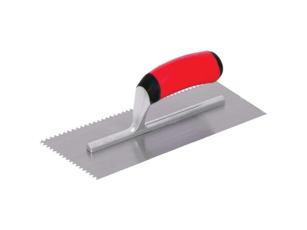 Marshalltown QLT Gezahnte und einseitig gekürzte Kelle, Eckig 1,5x1,5x1,5 mm, Soft Grip Griff, Stahl, Maße: 279x114 mm