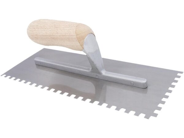 Marshalltown QLT Gezahnte Kelle, Eckig 4,5x4,5x4,5 mm, Holzgriff, Stahl, Maße: 279x114 mm