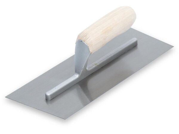 Marshalltown QLT Gezahnte und einseitig gekürzte Kelle, U- 1,5x0,75x0,75 mm, Holzgriff, Stahl, Maße: 279x114 mm