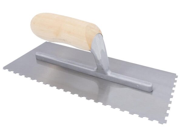 Marshalltown QLT Gezahnte und einseitig gekürzte Kelle, Eckig 6x3x6 mm, Holzgriff, Stahl, Maße: 279x114 mm