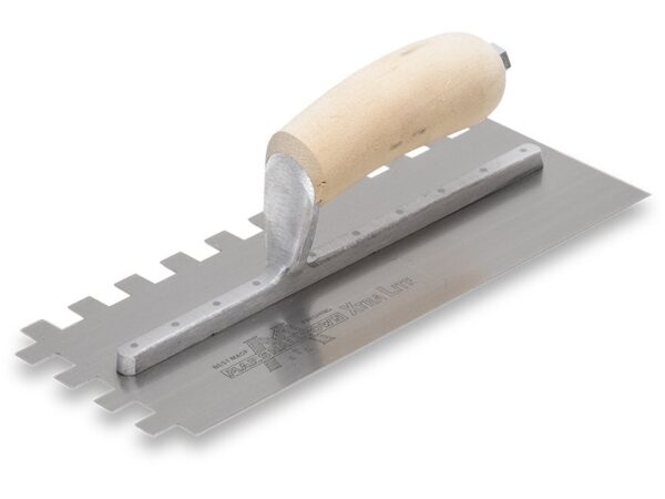 Marshalltown Gezahnte Kelle, Eckig, 8x8x8 mm, Gebogener Holzgriff, Stahl,  Maße: 279x114 mm