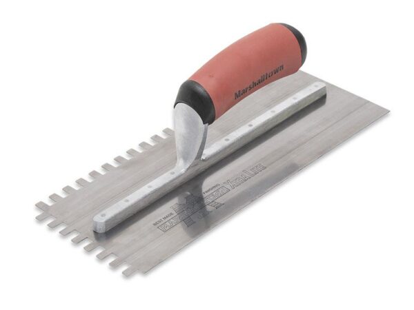 Marshalltown Zweiseitige Gezahnte Kelle, eckig, 10mm Kerben, Durasoft Griff, Edelstahl, Maße: 279x114 mm